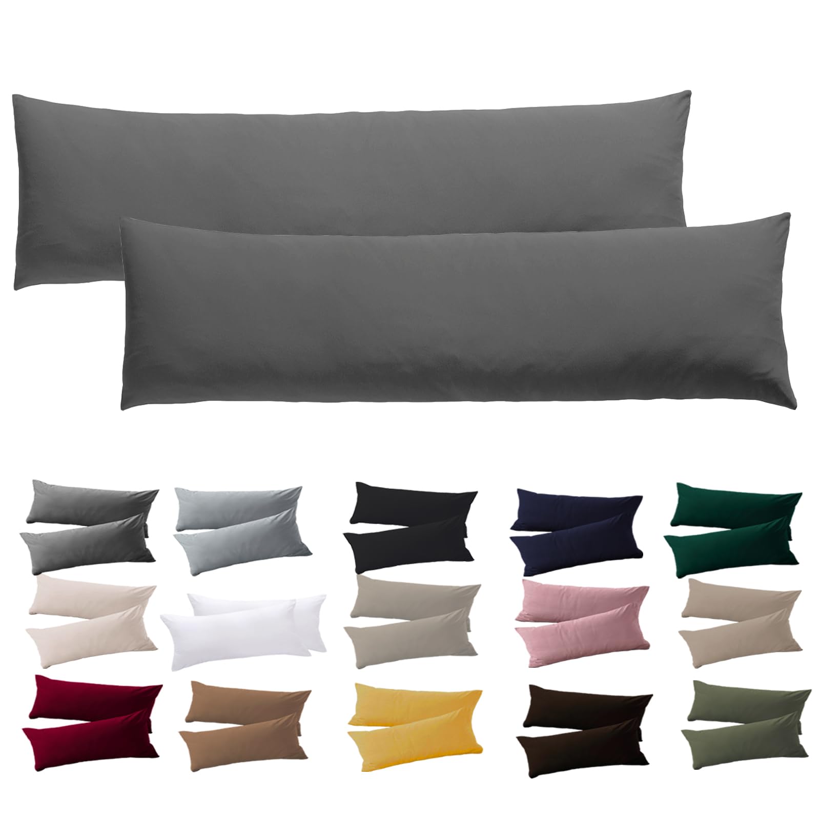 Seitenschläferkissen Bezug 40 x 145 - 2er Set Anthrazit Kissenbezüge mit Reißverschluss, Hypoallergen und Resistent aus 